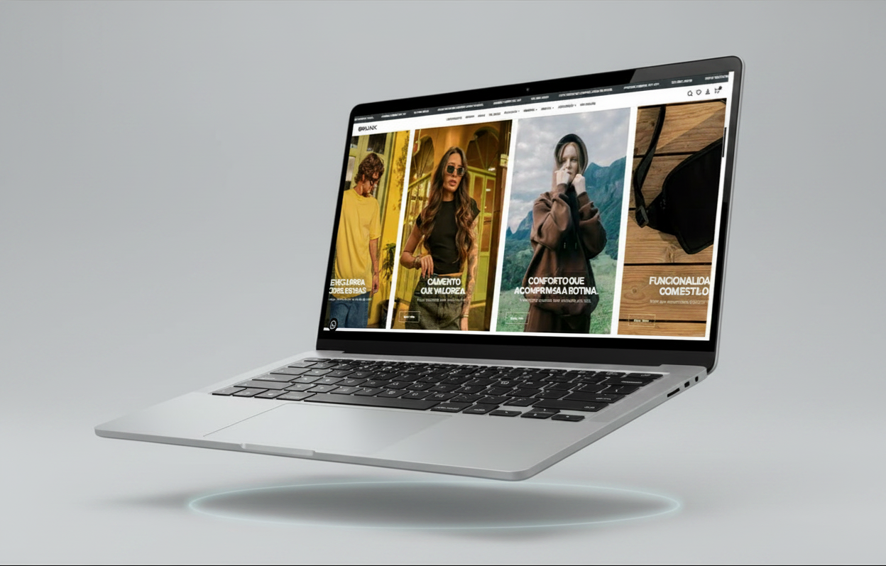 Notebook exibindo a plataforma de e-commerce da Brunx