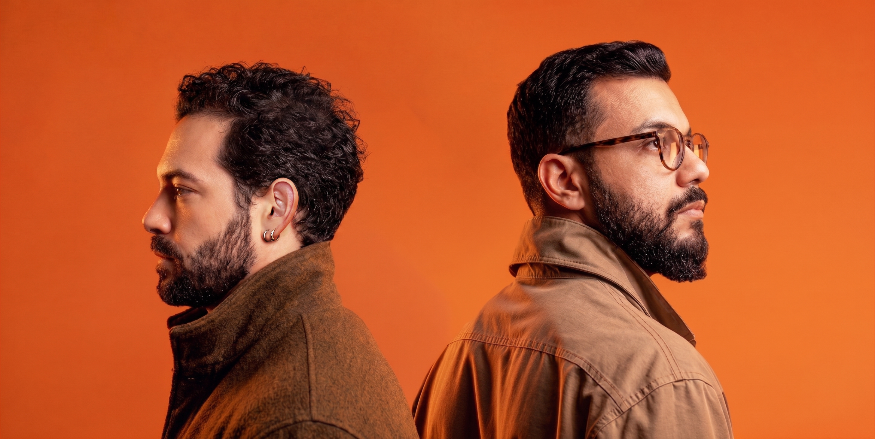 Dois profissionais de perfil, costas com costas, sobre fundo laranja
